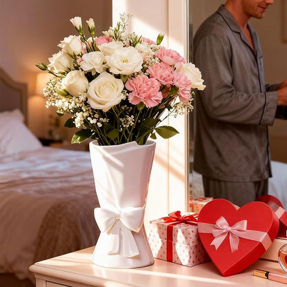 Fully Glazed White Ceramic Bow Vase 9.64 in Unique Cute Modern Decorative Bouquet Flower Vases for Home Living Room Table Valentine's Day Decor Women Girl Gifts