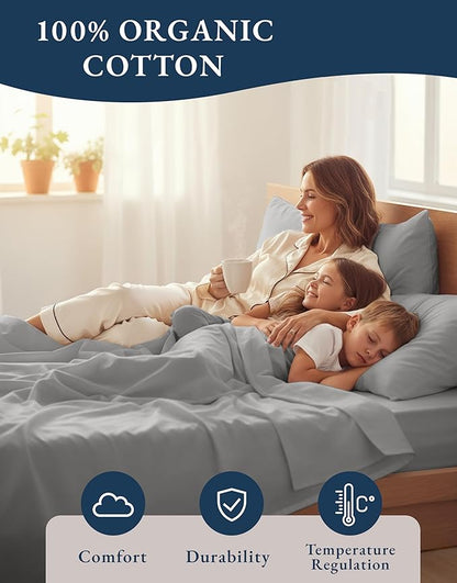 LANE LINEN 100% Organic Cotton King Sheet Set, 4Pc Cotton Sheets King Size, Soft & Comfy Percale Eco Friendly Sustainably Produced Bedding Sheets & Pillowcases, 15" Deep Pocket King Sheet Set - Silver