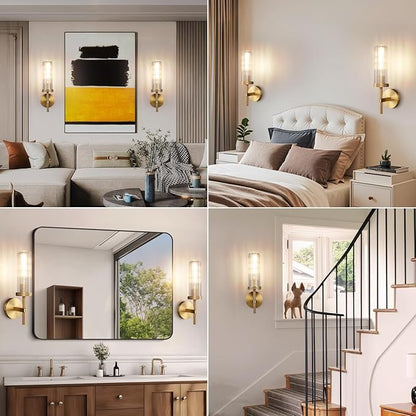 15" Knurled Brass Wall Sconces Set of 2, Gold Bathroom Vanity Light Fixtures with Vertical Striped Glass Tube, Modern Lamp Lighting for Bedroom, Living Room, Hallway, Staircase, Mirror, Kitchen