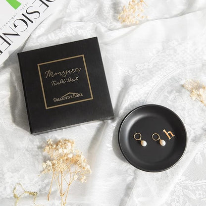 COLLECTIVE HOME - Ceramic Jewelry Tray, Decorative Trinket Dish for Rings Earrings Necklaces Bracelet Watch Keys, Birthday Mother's Day Christmas Gift for Women, 4.75", Black Surface (h)