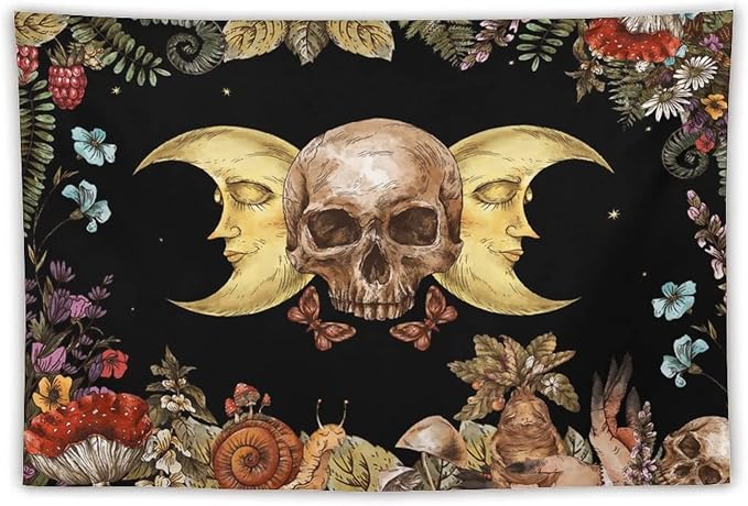 Boho Moon Skull Tapestry,Vintage Sun Moon Hippie Mushroom Floral Plant Tapestries Wall Hanging for Dorm Living Room Bedroom Decor(60"x90")