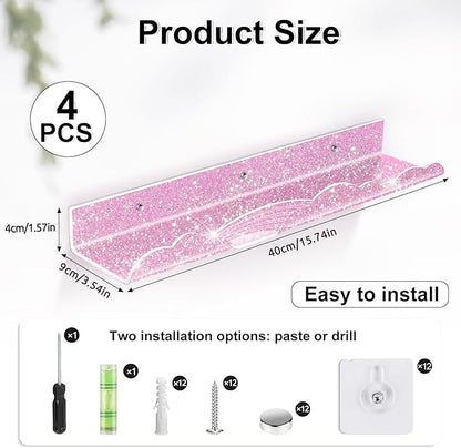 Rainbow Glitter Acrylic Floating Shelves, 15.7" Wall Mounted Nursery Bookshelves, Display Ledge for Books Toys Cosmetic Storage, Bathroom Bedroom Living Room Wall Organizer, 4 Pack, Pink