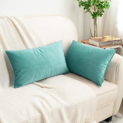 HWY 50 Teal Blue Velvet Rectangular Throw Pillow Covers 12x20 Inch, Pack of 2 Soft Cozy Solid Decorative Luxury Cushion Cases for Couch Sofa Bed Living Room Bedroom
