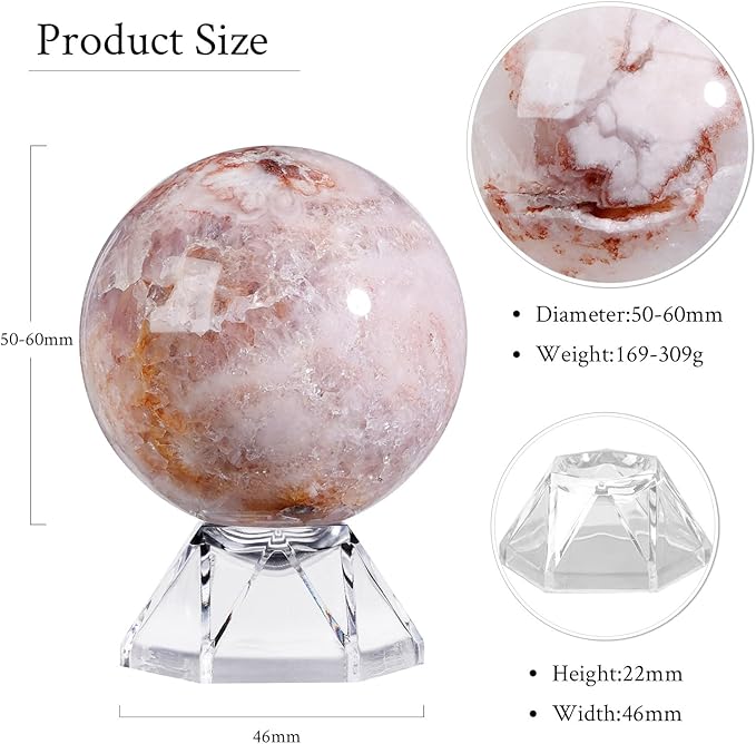 Natural Cherry Blossom Agate Crystal Ball with Acrylic Display Base, 50-60mm Polished Stone Feng Shui Crystal Sphere Meditation Decoration for Home & Office