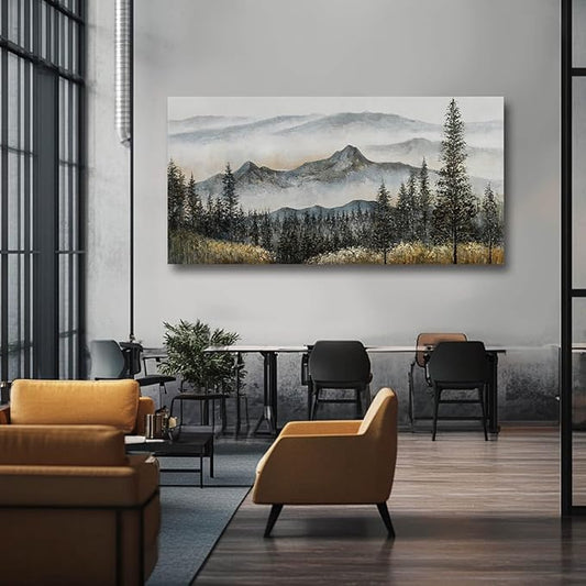Foggy forest Wall Decor,Framed Canvas Wall Art, Large Artwork Green Mountain Pictures Boho Pine Tree Wall Painting Mountains Landscape Art for Home Living Room Office 29"x58"