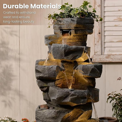 58" H Outdoor Water Fountain with 7 Tiers Large Cascading Realistic Rock Waterfall Fountains with LED Lights Outdoor Water Fountain for Garden Patio Backyard Porch Home Decor