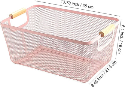 Metal Mesh Steel Basket, Large Wire Storage Organizer Basket Multi-function Hanging Kitchen Baskets with Wood Handle for Kitchen Bathroom Picnic Home, Rectangle-Pink
