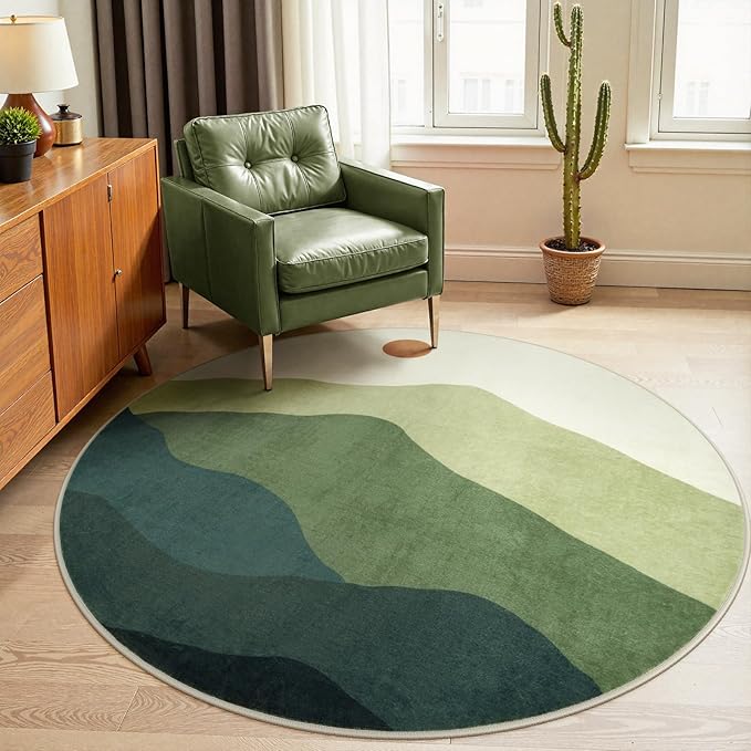 Sunrise Circle Area Rug 5ft, Large Round Rugs for Living Room Non-Slip Washable Bedroom Carpet, Mountain Modern Throw Mat for Dining Room Nursery Classroom(Green)