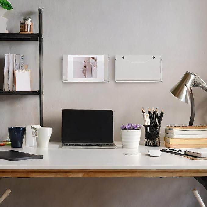 2Pcs Clear Acrylic File Holder Wall Mount Mail Magazine Organizer File Holders with Screw Wall Pocket Office Document Storage Rack Magazine Letter Brochure(14 x8.3 x1.2 ,Horizontal)