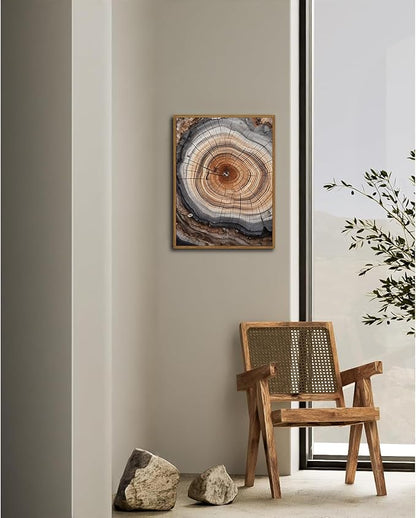 IBHJSART Framed Tree Ring Canvas Wall Art Vintage Colorful Wood Stump Painting Prints Modern Minimalist Pictures Neutral Nature Rustic Farmhouse Decor Living Room Bedroom Bathroom Office