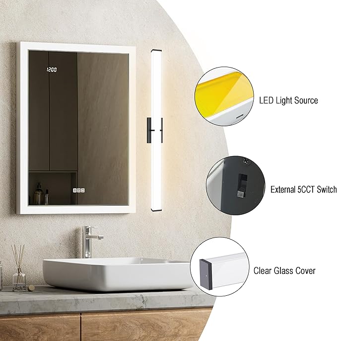 31.5Inch 3200LM Bathroom Light Fixtures 5CCT Optional, Black Modern LED Vanity Light Clear Shade, Dimmable Bathroom Lighting Fixtures Over Mirror - ETL Listed