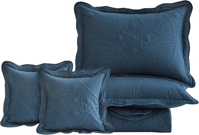 Oversized Bedspread - Queen Size Bedding Cover - Modern & Contemporary Coverlet Set, Real Stitching, Reversible, Lightweight, 5 Piece, Navy