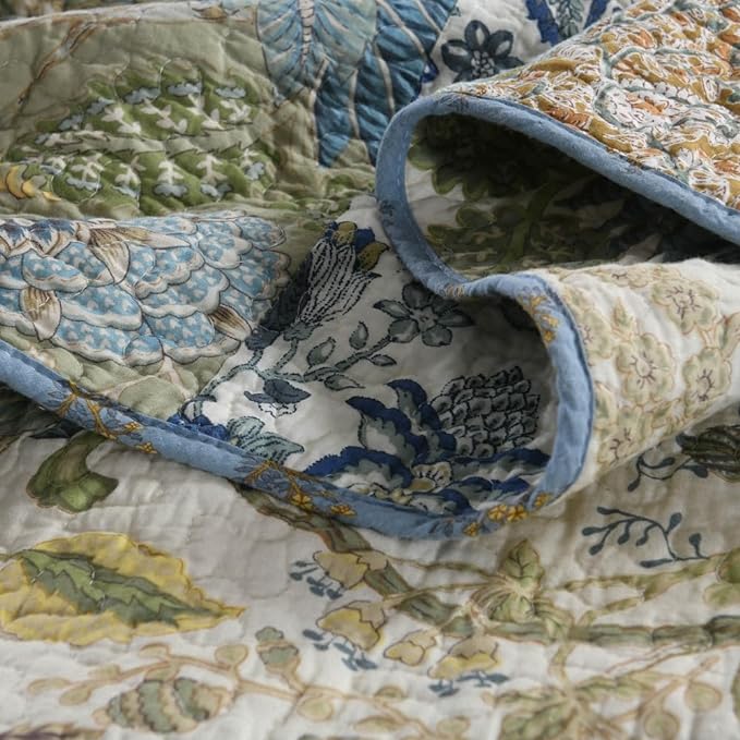 Cotton Bedspread Quilt Sets Reversible Bedding Coverlet Sets 3 Pieces Vintage Floral Patchwork Paisley Green Rustic Bedspread, Queen Size