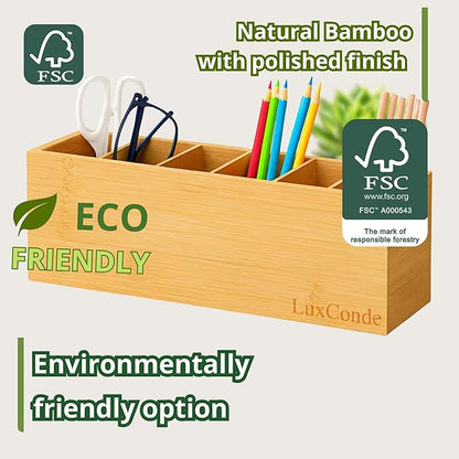 Bamboo Pencil Holder 13.3 X 3.1 X 3.8 In with 6 Adjustable Compartments. Desk Pencil Holder - Pen Holders for Desk, Desktop Pen Organizer - Pens Organizer, Organizador de Lapices