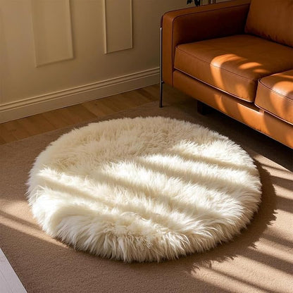 Kopal Round Sheepskin Rug, Real Sheep Skin Fur Rug, Lambskin Area Rug, 4X4 ft, Natural White