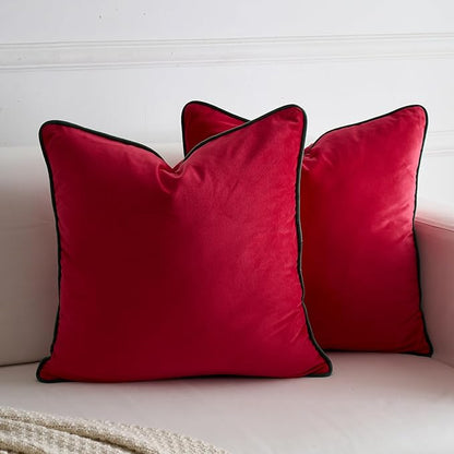 LIGICKY Set of 2 Christmas Red Velvet Throw Pillow Covers Modern Minimalist Style Solid Decorative Dark Green Rope Edging Soft Square Cushion Cases for Sofa Bedroom Party Décor, 20 x 20 inch