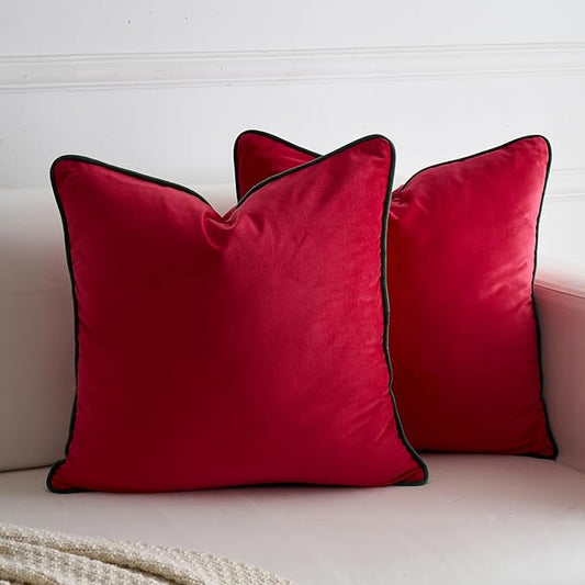 LIGICKY Set of 2 Christmas Red Velvet Throw Pillow Covers Modern Minimalist Style Solid Decorative Dark Green Rope Edging Soft Square Cushion Cases for Sofa Bedroom Party Décor, 18 x 18 inch