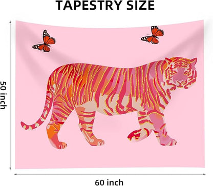 Tiger Aesthetic Tapestry - Pink Butterfly Tapestries, Boho Wall Tapestries, Picnic Sheet Wall Decor Blanket for Girl Bedroomfor Bedroom, Living Room, Dorm - 50 x 60 Inch