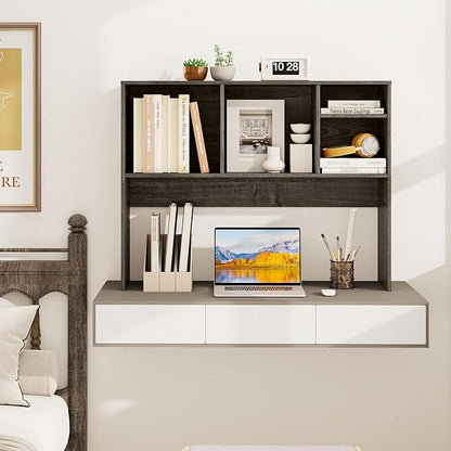 GOFLAME 4 Cubes Desktop Bookshelf, 37” Tabletop Wood Desk Shelf for Computer Monitor, Modern Countertop Desk Display Hutch Storage Organizer Shelf for Home Office, Dorm, Study (Grey)