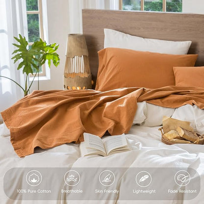 MooMee Bedding Sheet Set 100% Washed Cotton Linen Like Textured Breathable Durable Soft Comfy (Solid Burnt Orange, Twin)