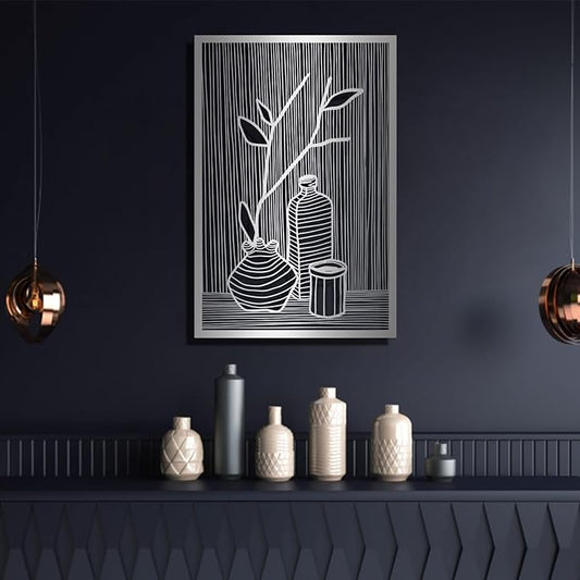 Metal Vertical Abstract Minimalist Modern Wall Art, Vase Metal Wall Decor, Minimalist Art, Abstract Line Wall Decor, Line Art for Living Room Bedroom Decor (Silver, 48 x 32 inches / 121 x 81 cm, Vase Decoration)