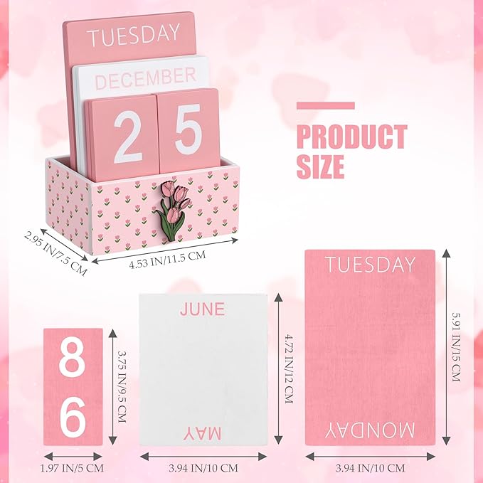 Pink Tulip Wood Block Perpetual Calendar Coquettish Desk Decor Cute Month Week Date Display Decorative Block Calendar for Women Office Home Desk Gift for Women