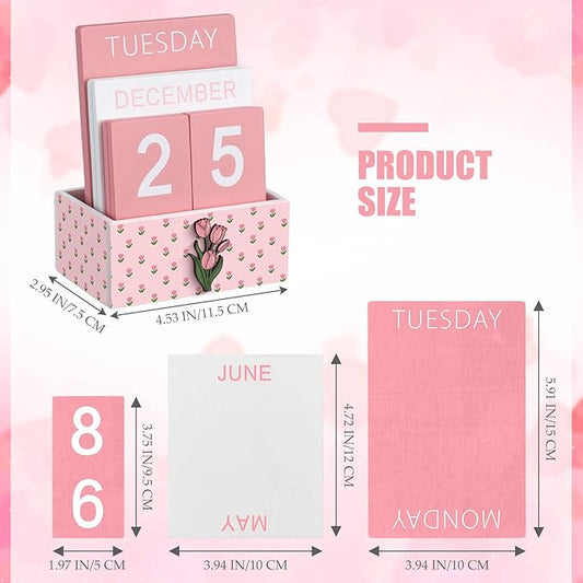 Pink Tulip Wood Block Perpetual Calendar Coquettish Desk Decor Cute Month Week Date Display Decorative Block Calendar for Women Office Home Desk Gift for Women