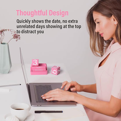 Wooden Block Calendar for Desk, Daily Desktop Perpetual Desk Calendar, Modern Farmhouse Aesthetic Desk Accessories for Home Office Decor, Teacher, Classroom, Reusable Yearly, Pink