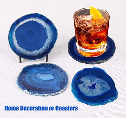 AMOYSTONE Blue Agate Coasters Set of 4, 3-3.5 Inch Stone Coasters with Rubber Bumpers, Valentine's Day Gift for Her, Modern Coffee Table Decor, Birthday Present