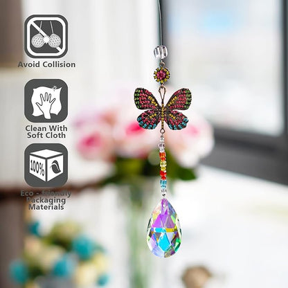 Hanging Butterfly Shaped Suncatcher Crystals, Glass Teardrop Prism Rhinestones Sun Catchers, Rainbow Maker Pendant Indoor Window Home Car Decor Gift