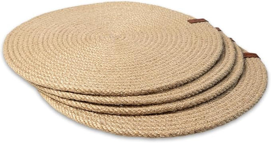 Round Placemats Set of 4, Handmade by Braided Natural Jute for Kitchen and Dining Table, Dia. 12.6 Inch, Doublesided, Heat Resistant, Light Brown