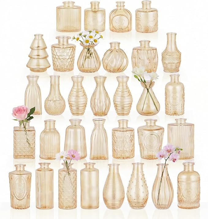BEAHOT 32 Pack Gold Flower Vase in Bulk,Mini Vintage Glass Bud Vases for Centerpieces,Wedding Decor,Party & Home Decaration,Mother's Day (Gold)