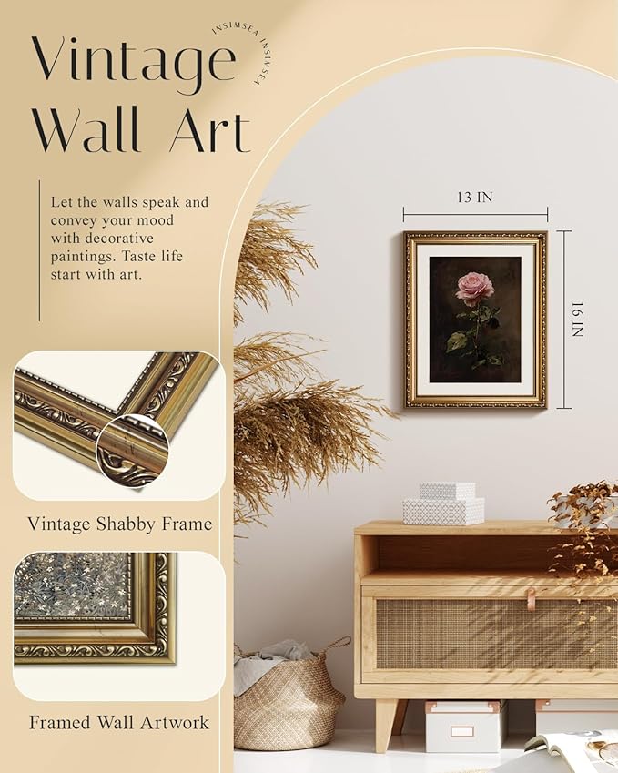 InSimSea Gold Framed Canvas Wall Art Room Decor Vintage Floral Bathroom Wall Decor Rustic Roses Bontanical Oil Printing Artwork Prints for Living Room Bedroom Home Office Farmhouse 16×13in