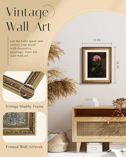 InSimSea Gold Framed Canvas Wall Art Room Decor Vintage Floral Bathroom Wall Decor Rustic Roses Bontanical Oil Printing Artwork Prints for Living Room Bedroom Home Office Farmhouse 16×13in