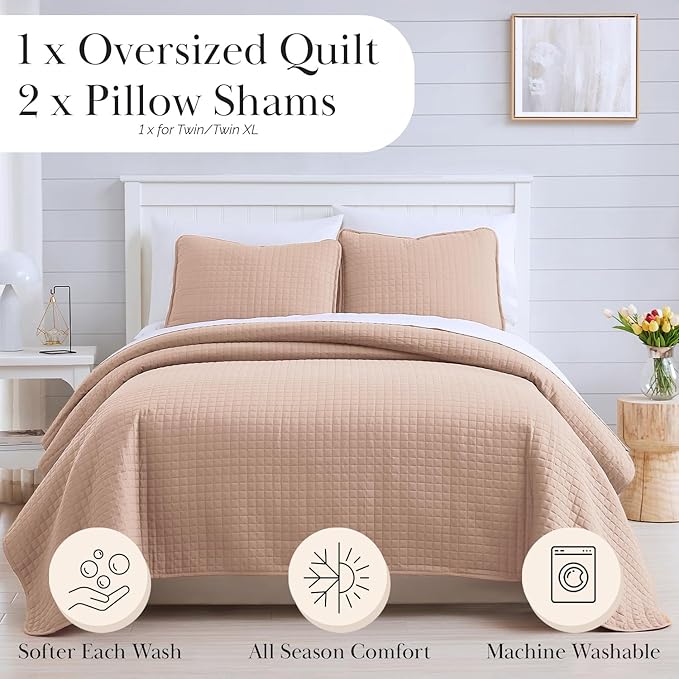 Southshore Fine Living, Inc. Full/Queen Quilt Set, Stitched Full Size with 2 Matching Pillow Shams, Lightweight Quilt Coverlet, Easy Care Machine Washable Queen Size Quilt Bedspread, Blush
