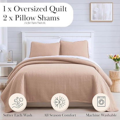 Southshore Fine Living, Inc. Full/Queen Quilt Set, Stitched Full Size with 2 Matching Pillow Shams, Lightweight Quilt Coverlet, Easy Care Machine Washable Queen Size Quilt Bedspread, Blush