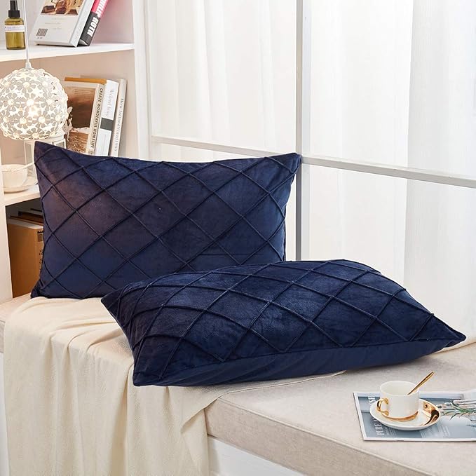 JAUXIO Diamond Pinch Pleated Crystal Velvet Pillowcases 2 Pack Solid Pintuck Throw Cushion Cover for Home Decor Hidden Zipper Closure (Navy, King)