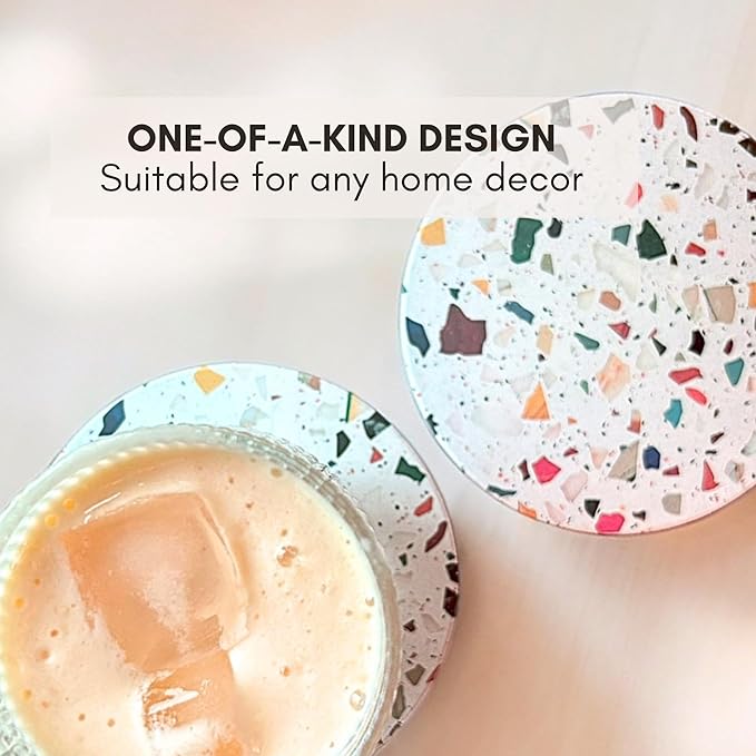 Absorbent Coaster Set of 6 with Holder, Drink Coasters for Coffee Table, Kitchen, Home Decor, Cute Ceramic Round Coasters, Alternative to Silicone, Cork or Glass Coaster (Mosaic with Black Holder)