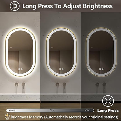 Niccy Oval LED Mirror for Bathroom, 32x20 Front Lit + Backlit Vanity Mirrors with Light Anti-Fog, Shatter-Proof, 3 Colors, Makeup Mirror with Old Gold Frame (Horizontal/Vertical)
