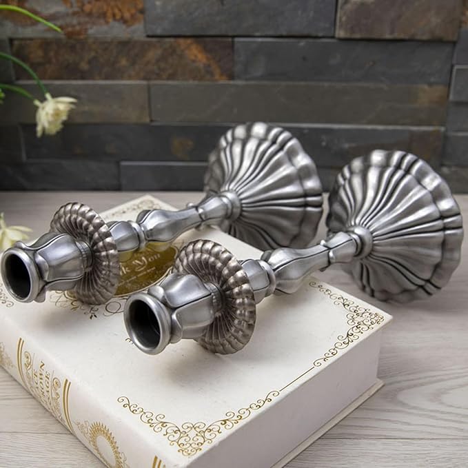Taper Candle Holders, Vintage Embossed Candlesticks with Sleek Electroplated Finish, Modern Decorative Candle Holders for Dining Table, Party, Home Decor, Set of 2 (Antique Pewter)