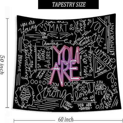 Quote You Are Tapestry Inspirational Wall Art Wall Hanging Positive Saying Classroom Tapestries for Teen Girl Bedroom Dorm 50 * 60 Inches (Black)