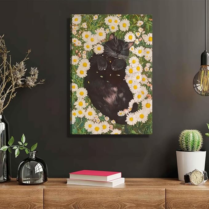 White Daisies and Fat Black Cat Canvas Wall Art Wildflowers Black Cat Poster Print Wall Decor Painting Funny Cat Abstract Farmhouse Aesthetic artwork for Bedroom Bathroom Home Decoration 16x24in
