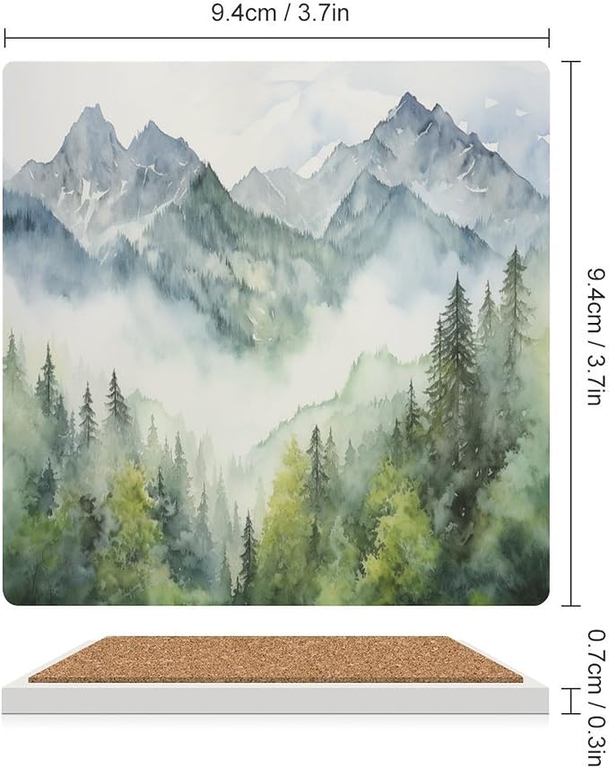Square-6PCS Forest Drink Coasters, Square Modern Ceramic Absorbent Coasters, Watercolor Style Nature Woodland Green Forest Mountain Plant Decor Desk Coffee Table Coaster for Beverage Cup Tea Coasters