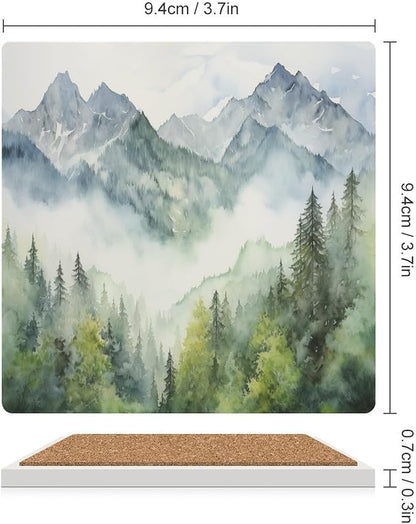 Square-4PCS Forest Drink Coasters, Square Modern Ceramic Absorbent Coasters, Watercolor Style Nature Woodland Green Forest Mountain Plant Decor Desk Coffee Table Coaster for Beverage Cup Tea Coasters