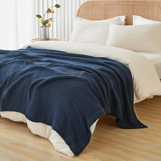 EMME Cotton Muslin King Blanket Big Oversized Bed Layering Bedspread Coverlet Breathable Gauze Soft Lightweight Blankets (Navy, 120"x94")