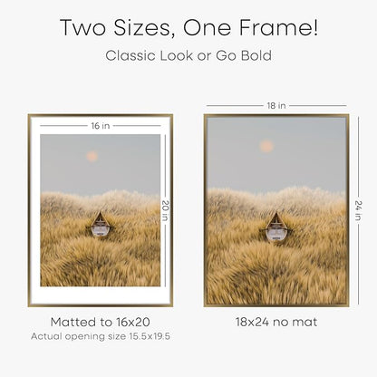 Homeforia Picture 18x24 Bronze Frame, High End Metal 18x24 Brass Poster Frames with Mat 16x20 for Photo, 18 x 24 Frame Matted to 16 x 20 Print, 24x18 Hanging Frames, Tempered Glass, Wall Kit, Set of 4