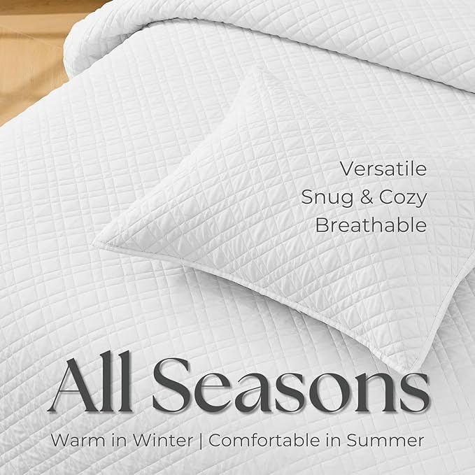 King Quilt Set with Shams Lightweight Quilted Bedspread Coverlet Thin Comforter Bed Cover Vintage Washed Quilted Blanket for All Season, Brushed Microfiber Diamond Stitching, White, 104"x92"