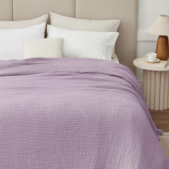 100% Cotton Muslin Blanket Large 50" x 70", 6 Layers Breathable and Lightweight Cotton Throw Blanket for Bed and Couch, Soft Quilt Bedspread, Gauze Blanket for Adults All Season, Lavender