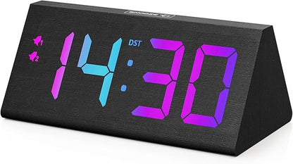 Wooden Digital Alarm Clock with Dual USB Charging Ports, DST, Dimmable, Snooze, RGB Colors, Modern Large Time Display LED Clock for Kids Bedrooms, Living Room, Desk, Table, Bedside, Nightstand (Black)
