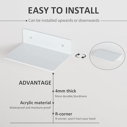 Hexsohoma 9 Inches White Floating Shelves, Acrylic Wall Shelves for Living Room, Bedroom, Bathroom, Kitchen, Office, Brand Store, Retails, Gaming Room, 4 Pack